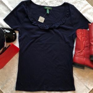 Lauren Ralph Lauren Navy Ribbed Cotton Top P/L